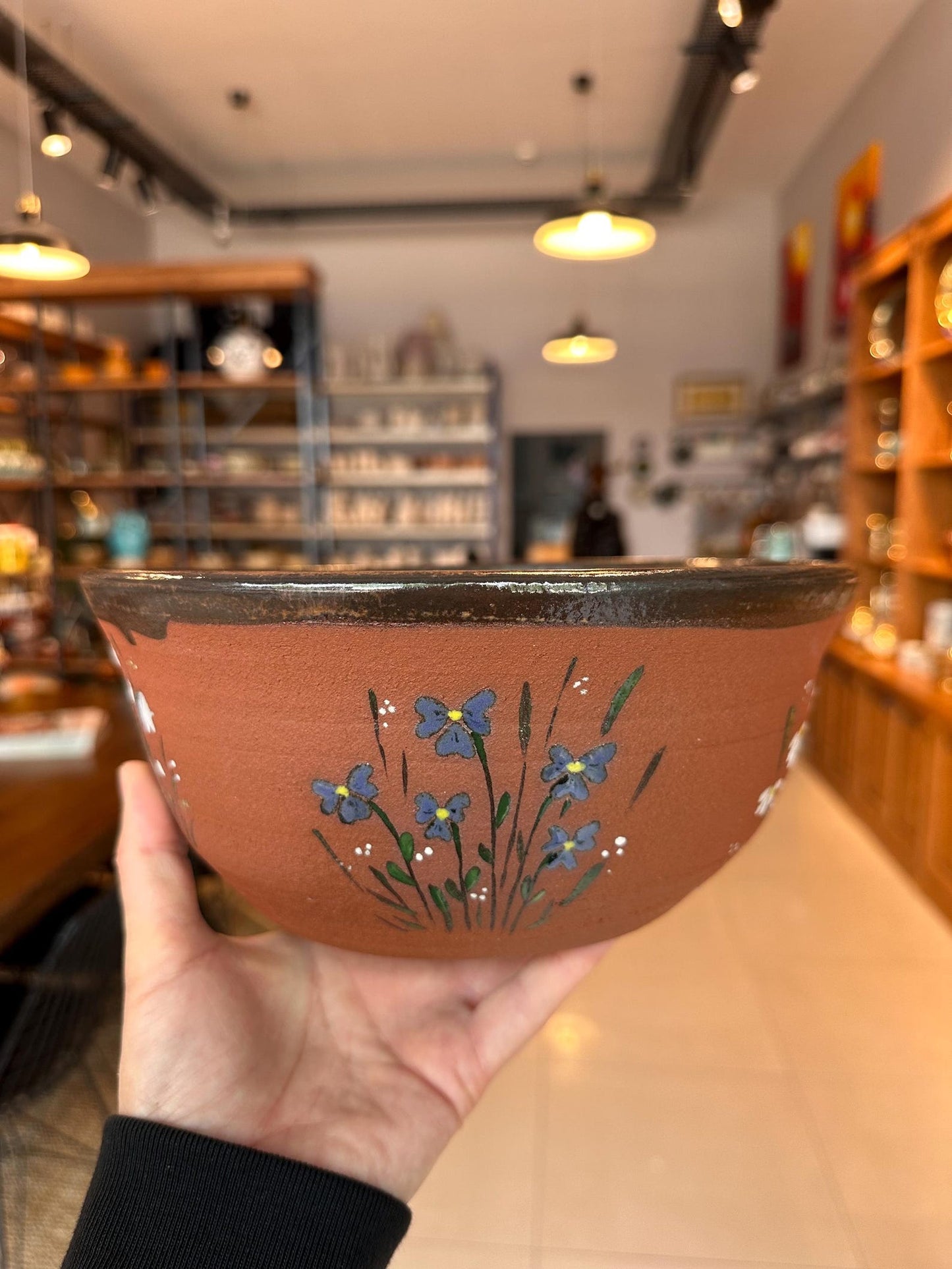 Red Stoneware Bowl Moth and Wildflower Meadow