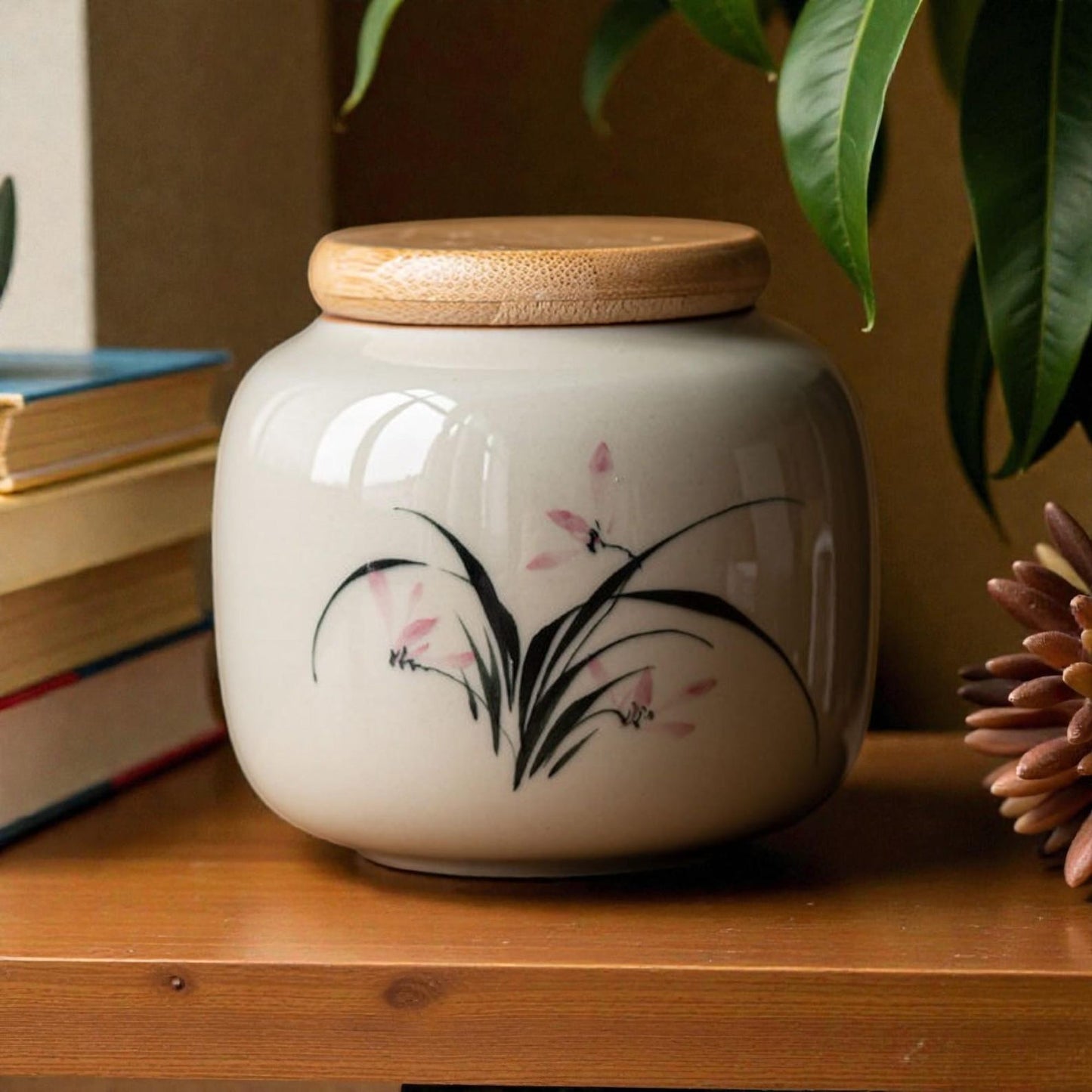 Hand-Painted Ceramic Storage Jar Orchid Design