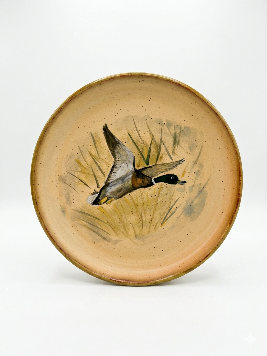 Stoneware Plate – Mallard Duck in Flight, Reed Grass