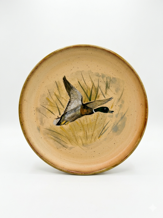 Stoneware Plate – Mallard Duck in Flight, Reed Grass