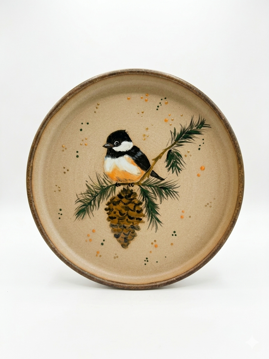 Stoneware Plate – Chickadee on Pine Branch