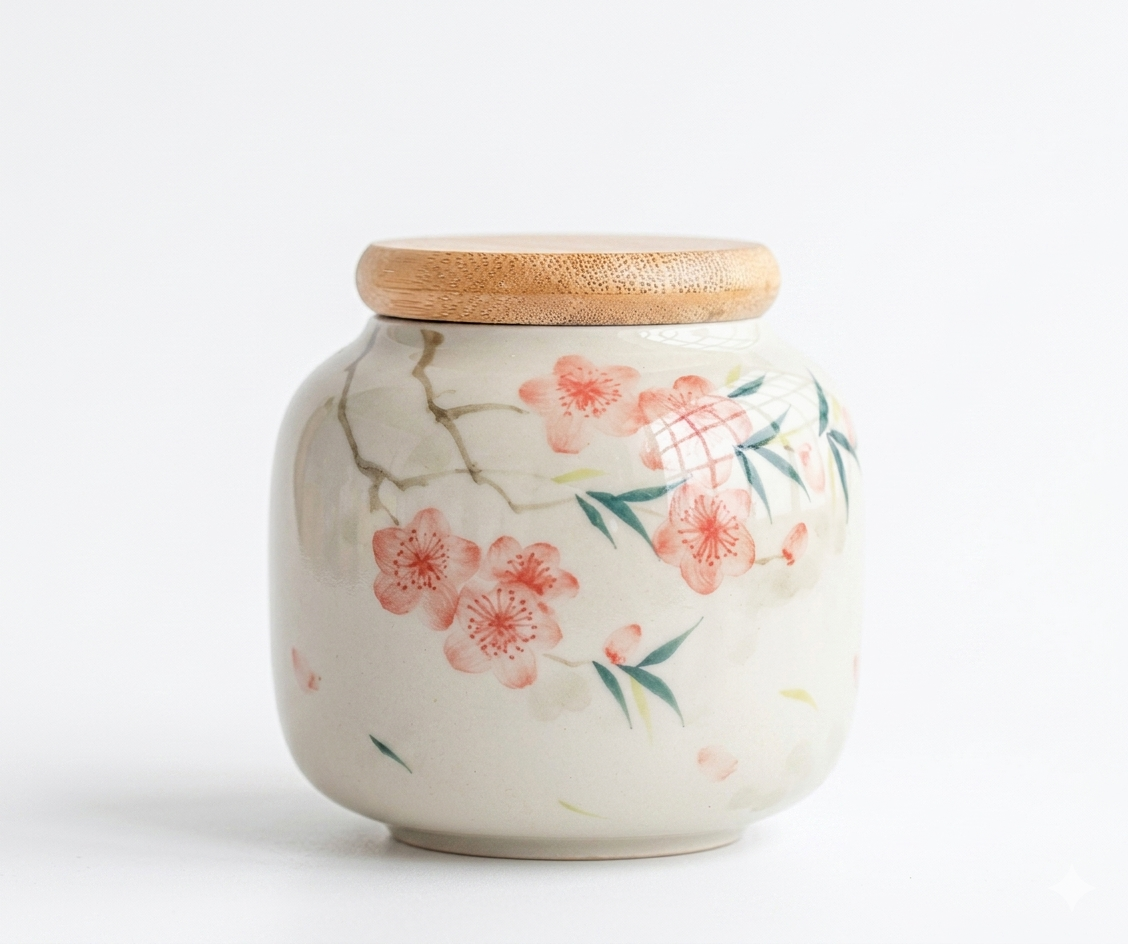 Hand-Painted Ceramic Storage Jar Cherry Blossom and Bamboo Design