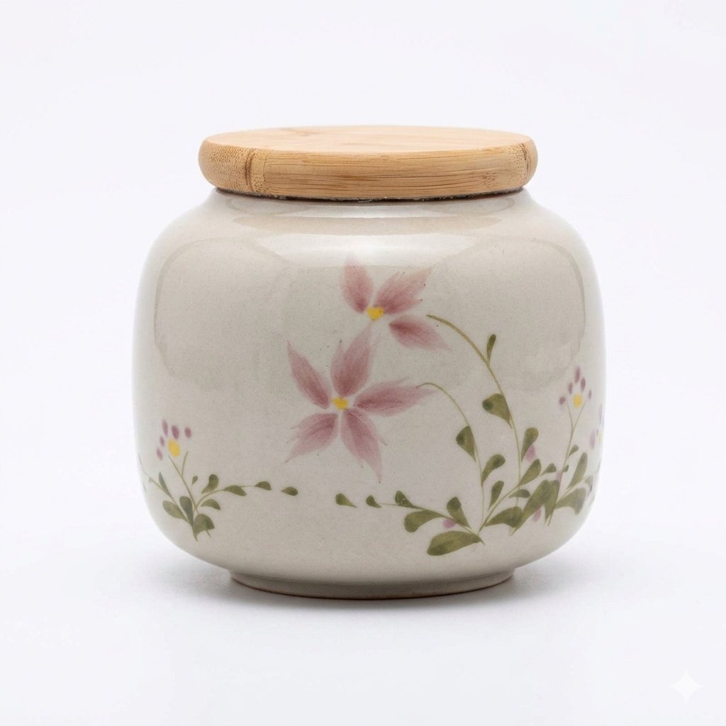 Ceramic Storage Jar – Pink Star Flower and Botanical Stem Design