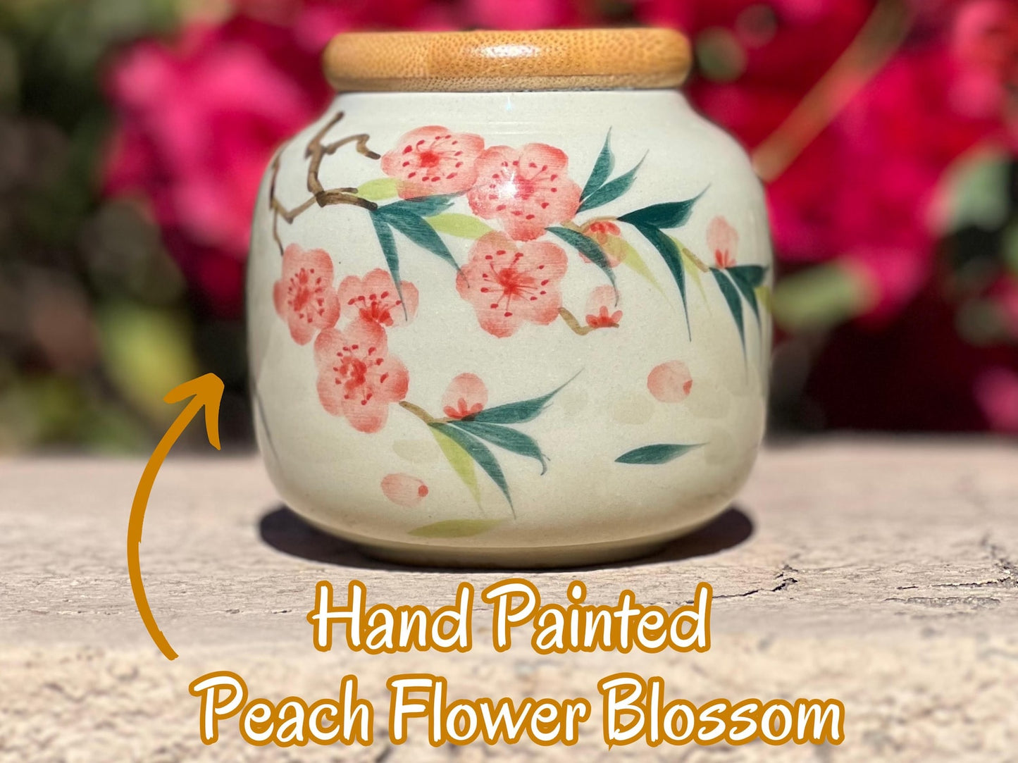 Hand-Painted Ceramic Storage Jar Cherry Blossom and Bamboo Design