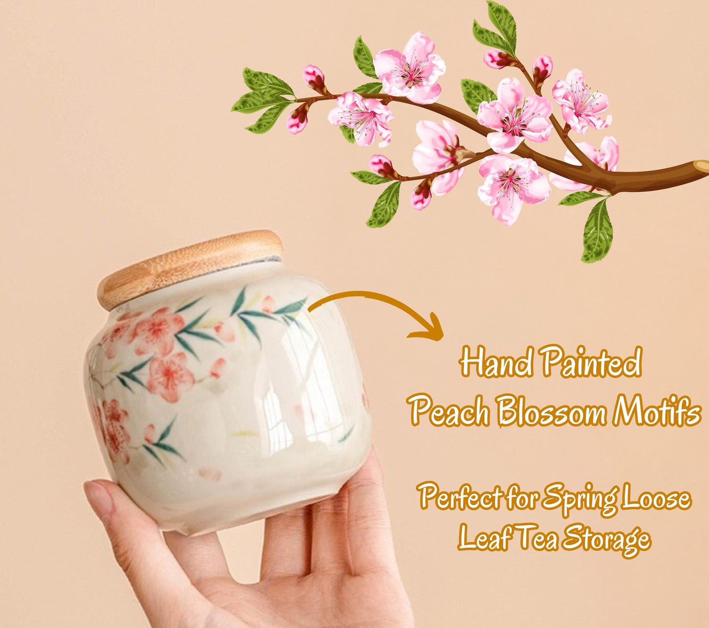 Hand-Painted Ceramic Storage Jar Cherry Blossom and Bamboo Design