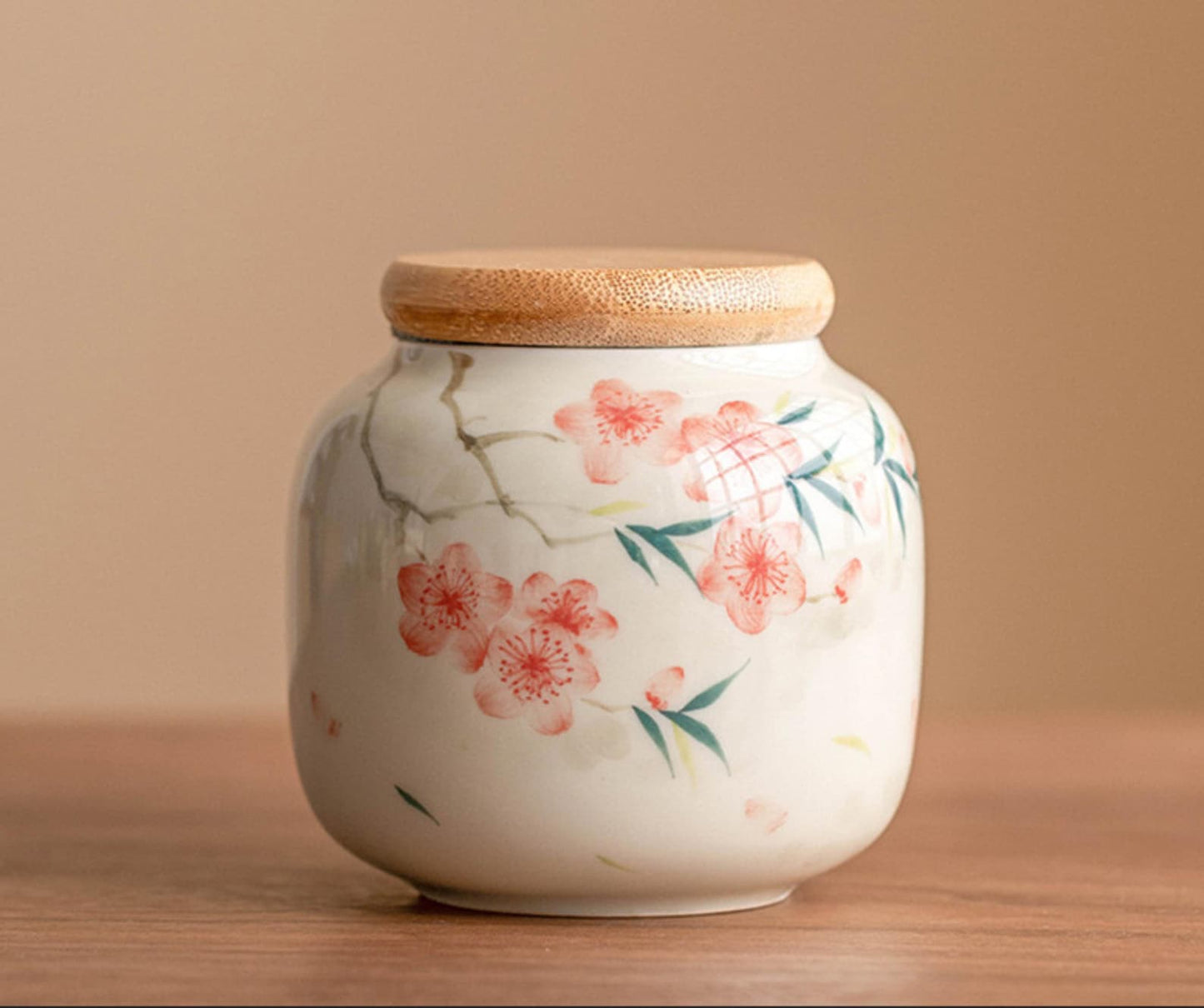Hand-Painted Ceramic Storage Jar Cherry Blossom and Bamboo Design
