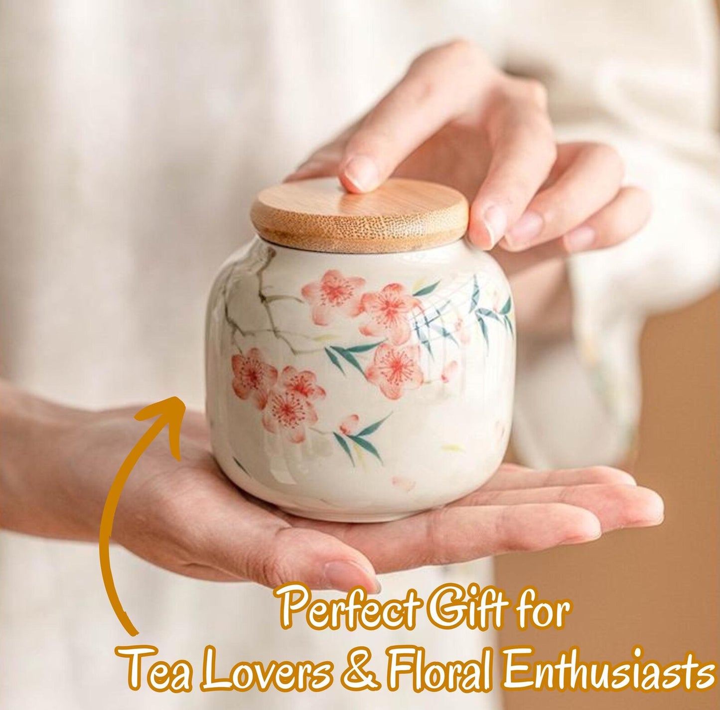 Hand-Painted Ceramic Storage Jar Cherry Blossom and Bamboo Design