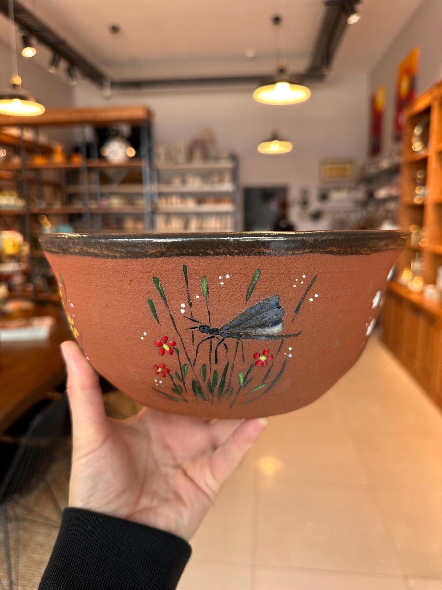 Red Stoneware Bowl Moth and Wildflower Meadow