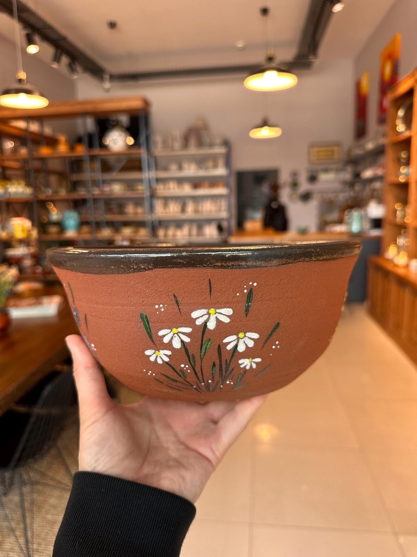 Red Stoneware Bowl Moth and Wildflower Meadow