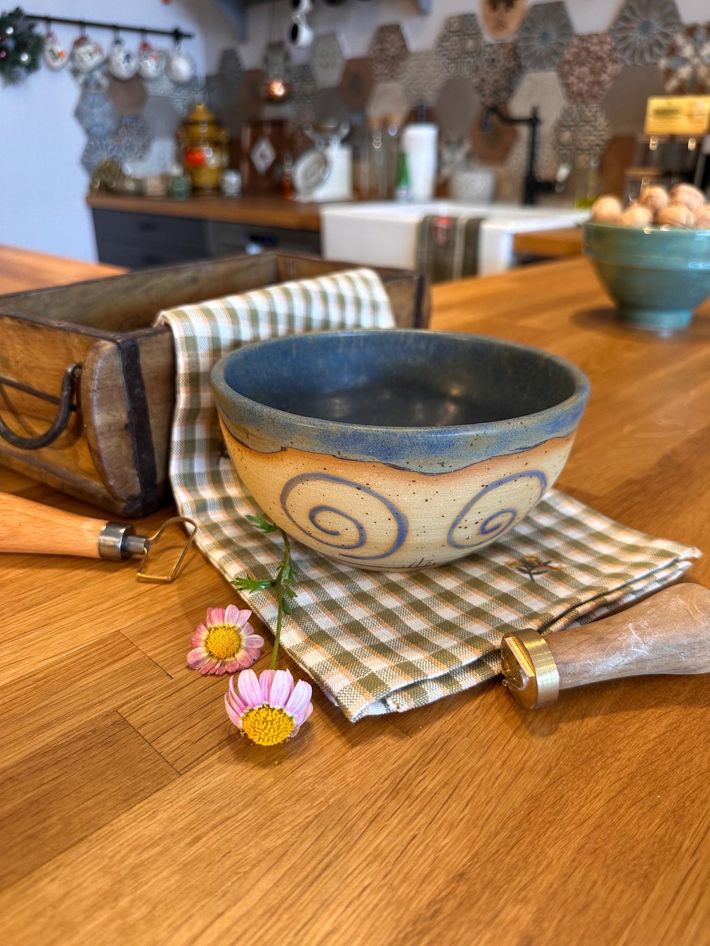 Stoneware Bowl – Blue Spiral Design