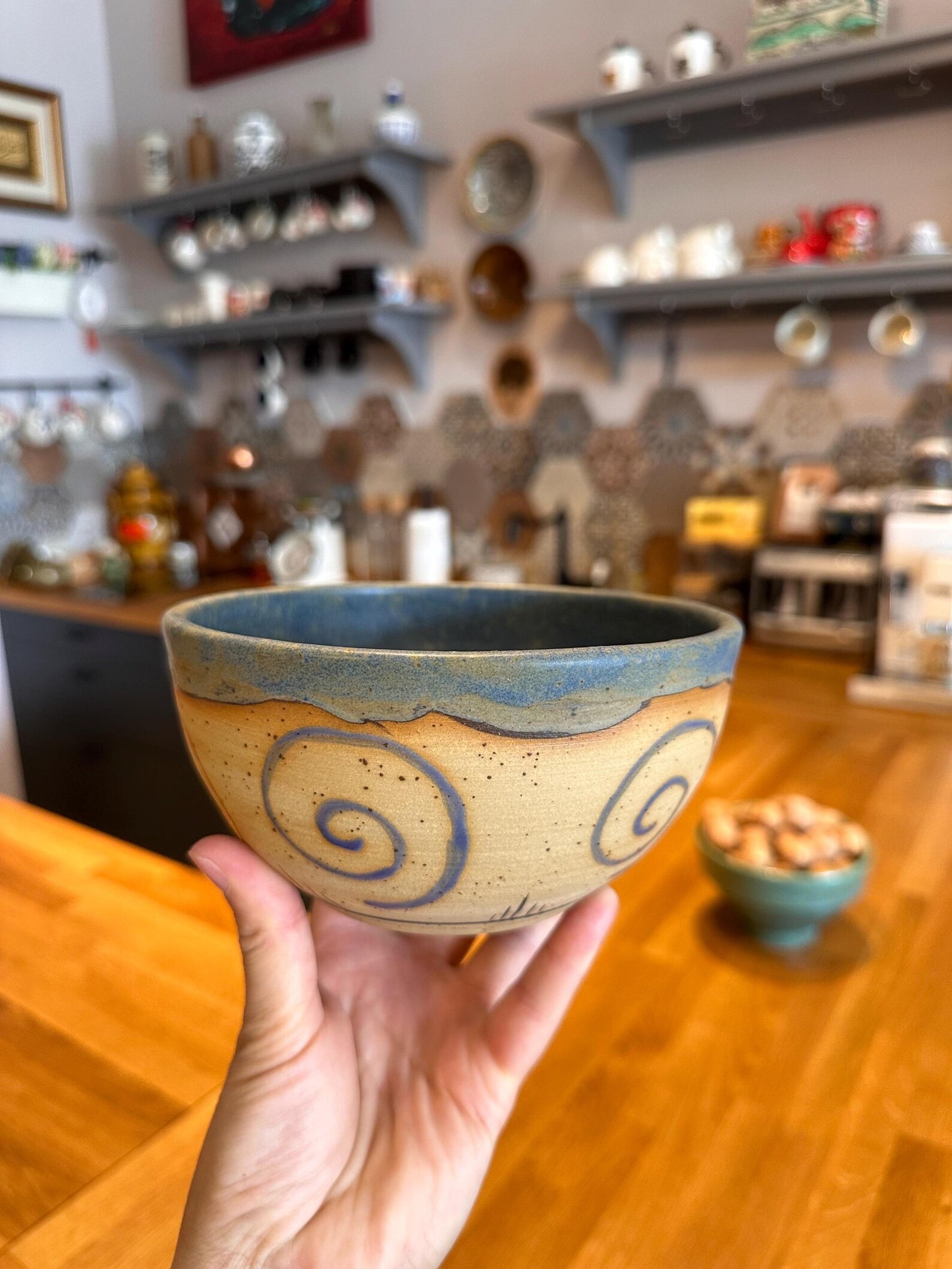 Stoneware Bowl – Blue Spiral Design