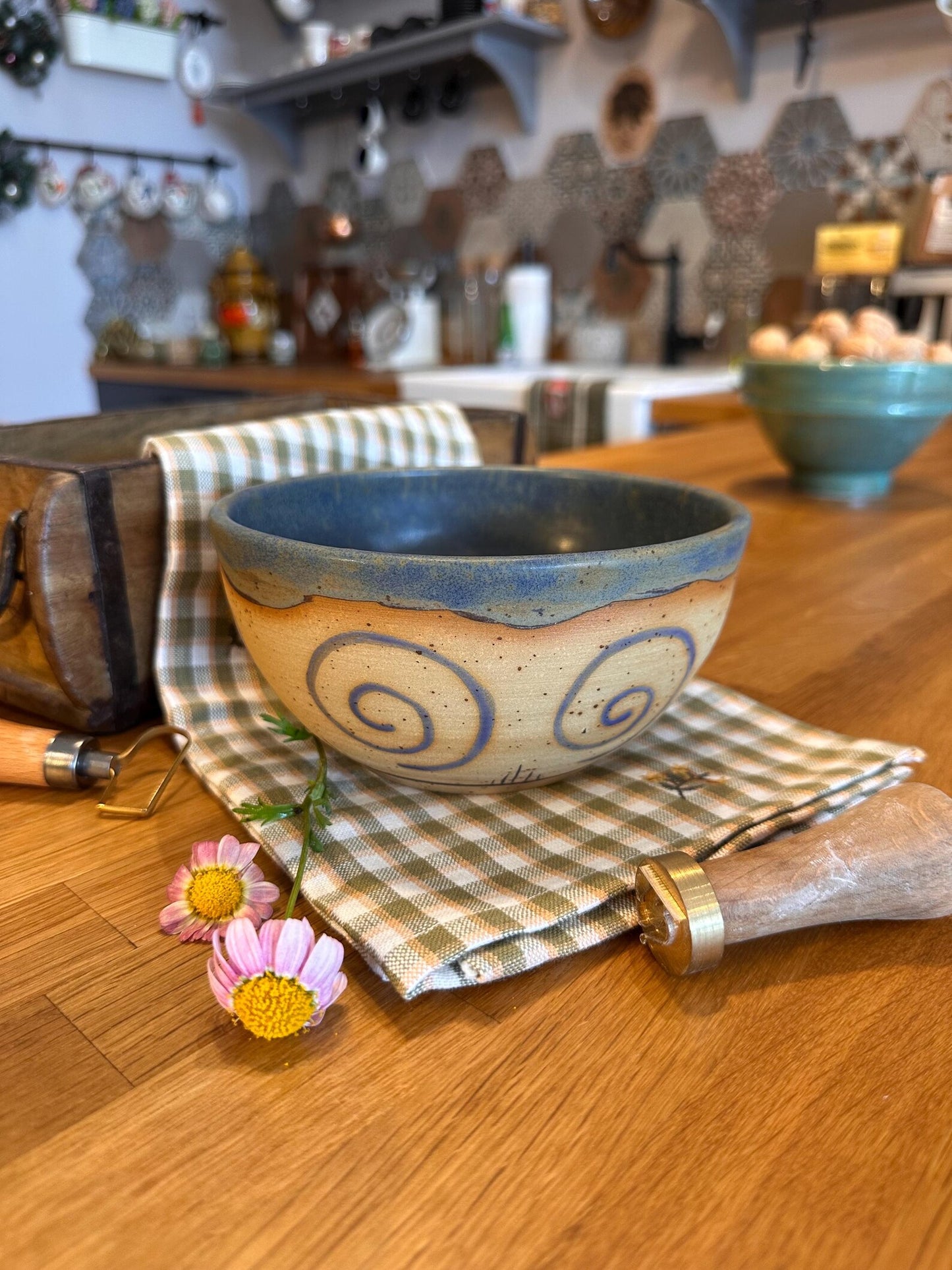 Stoneware Bowl – Blue Spiral Design