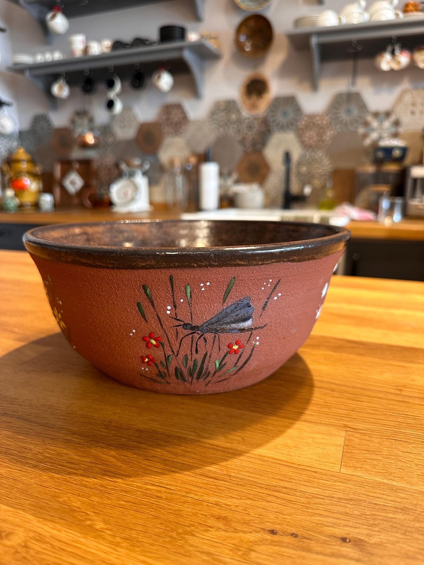 Red Stoneware Bowl Moth and Wildflower Meadow
