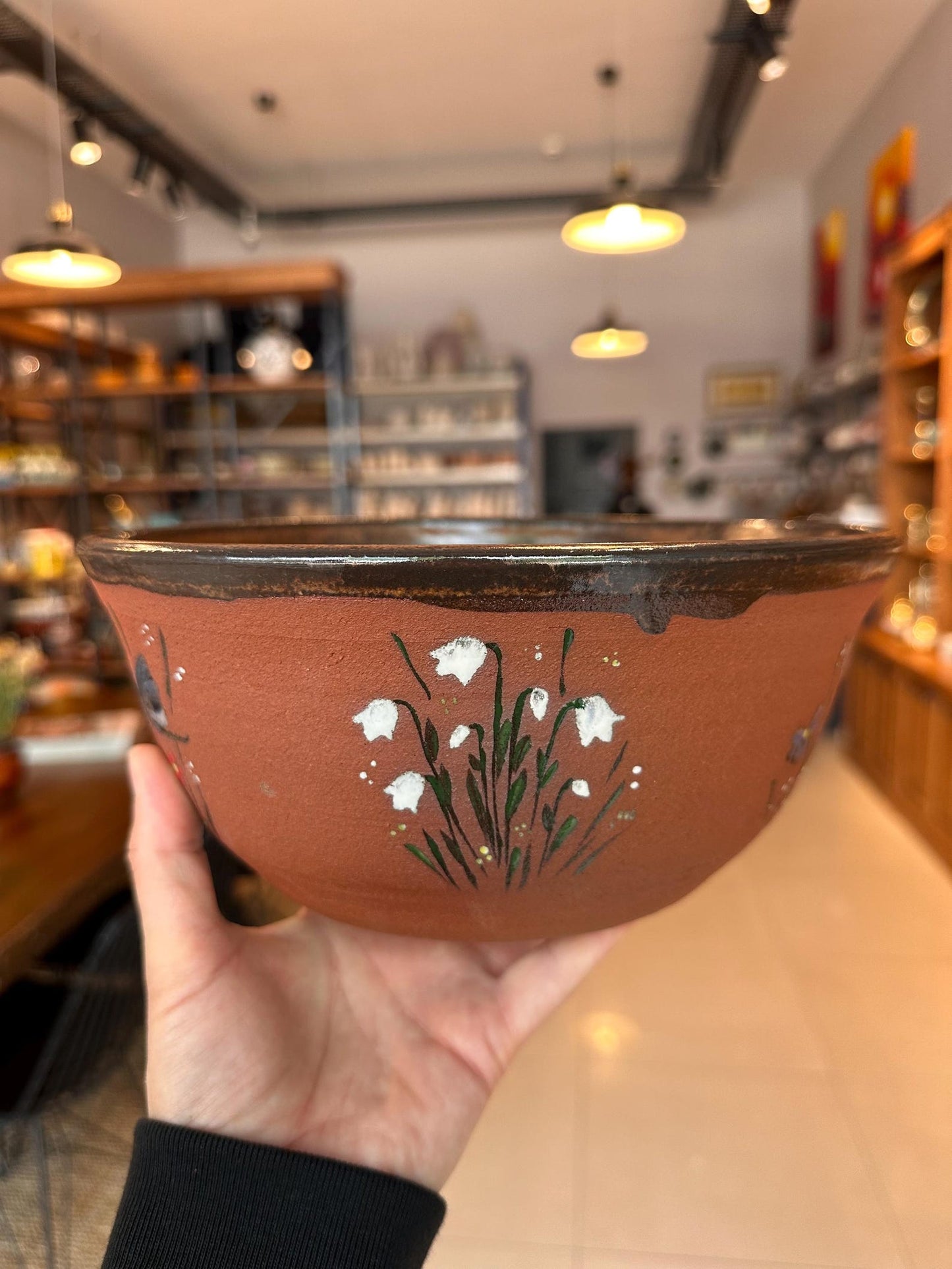 Red Stoneware Bowl Moth and Wildflower Meadow