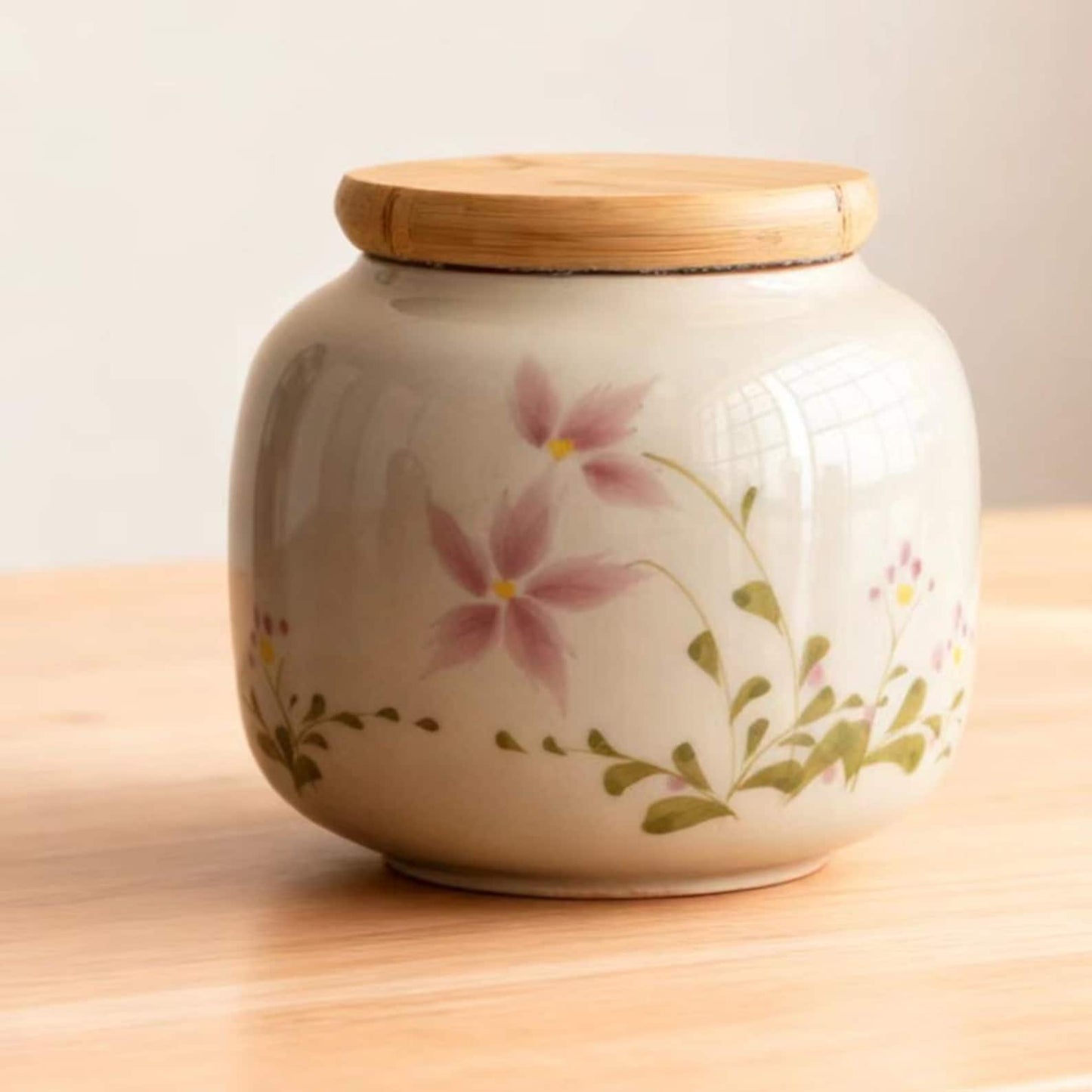 Ceramic Storage Jar – Pink Star Flower and Botanical Stem Design