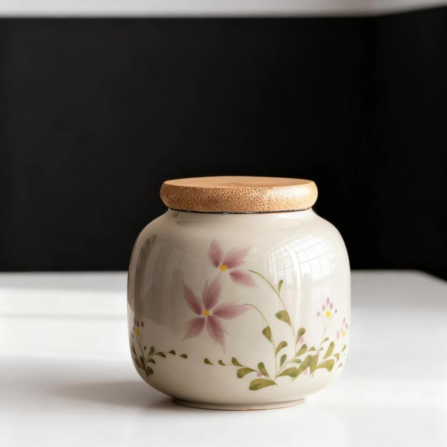 Ceramic Storage Jar – Pink Star Flower and Botanical Stem Design