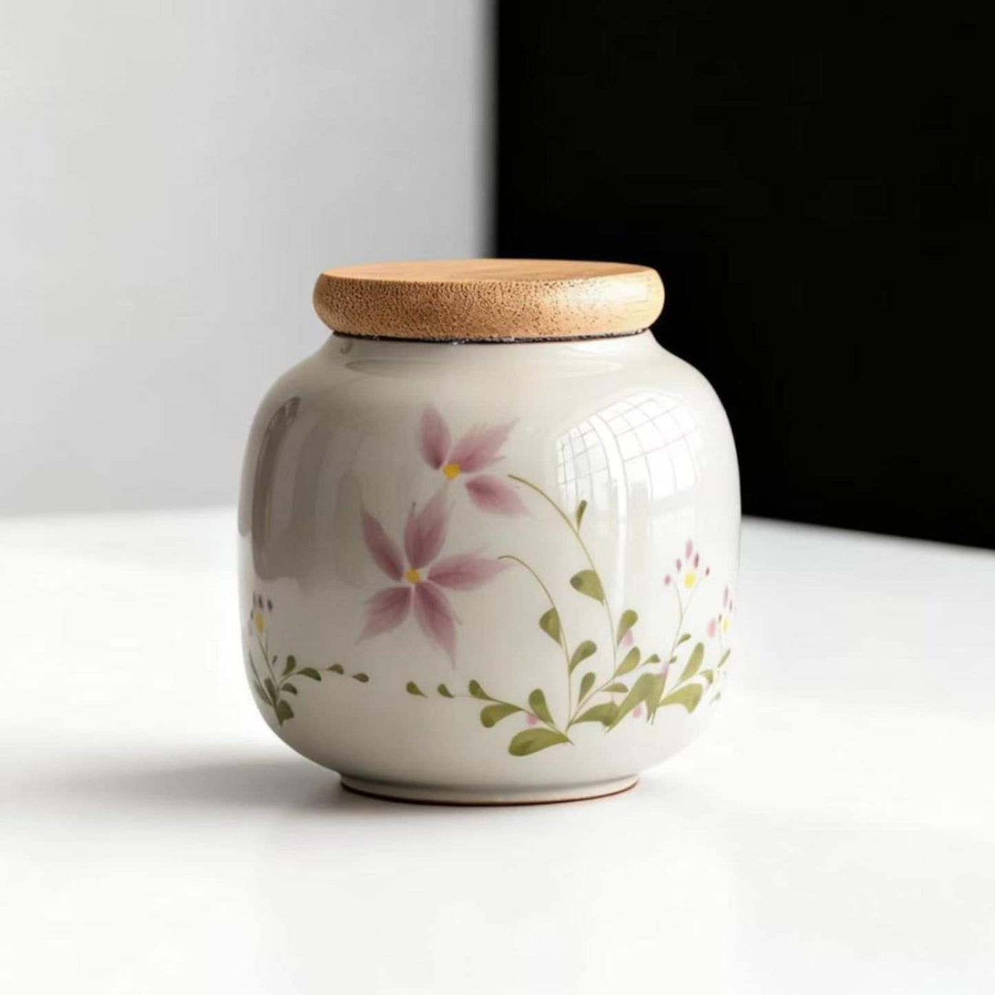 Ceramic Storage Jar – Pink Star Flower and Botanical Stem Design