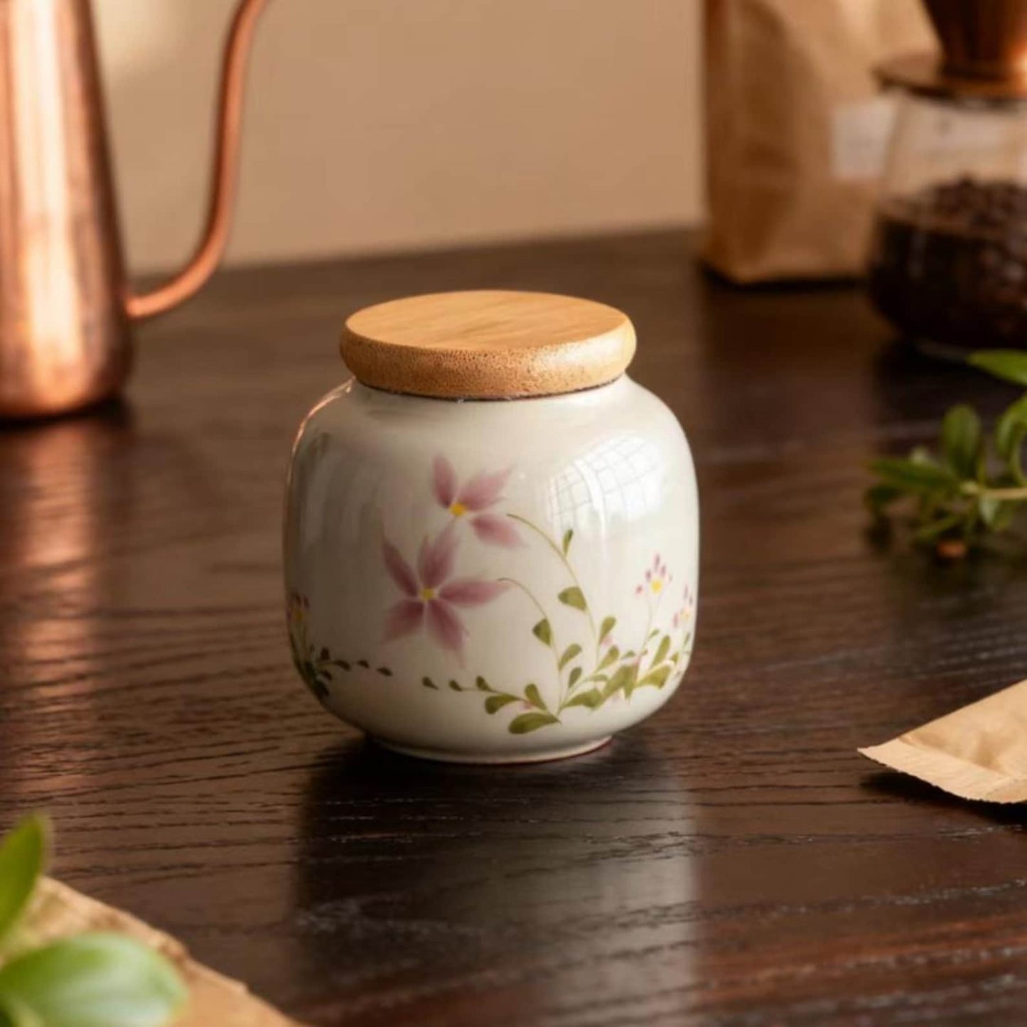 Ceramic Storage Jar – Pink Star Flower and Botanical Stem Design