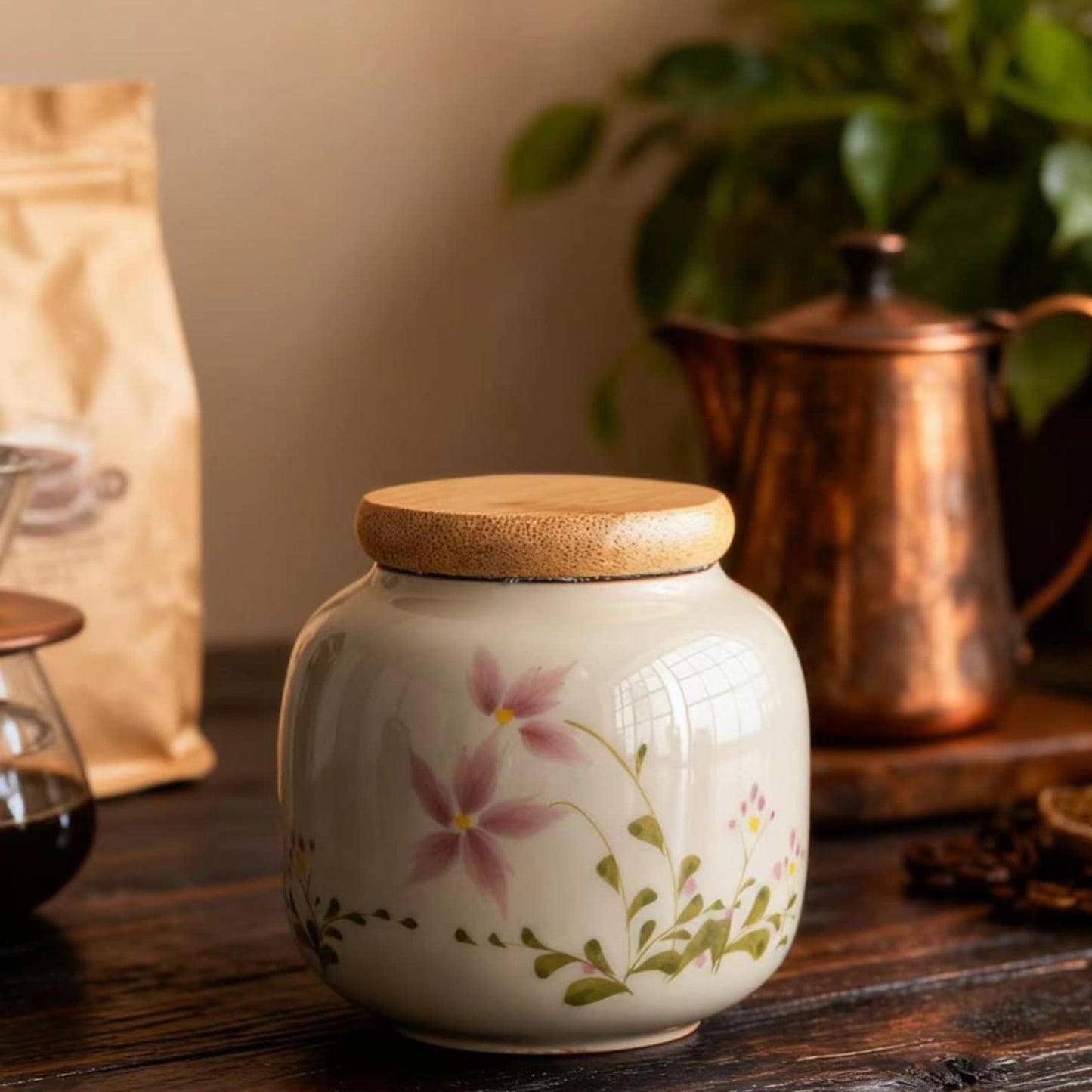 Ceramic Storage Jar – Pink Star Flower and Botanical Stem Design