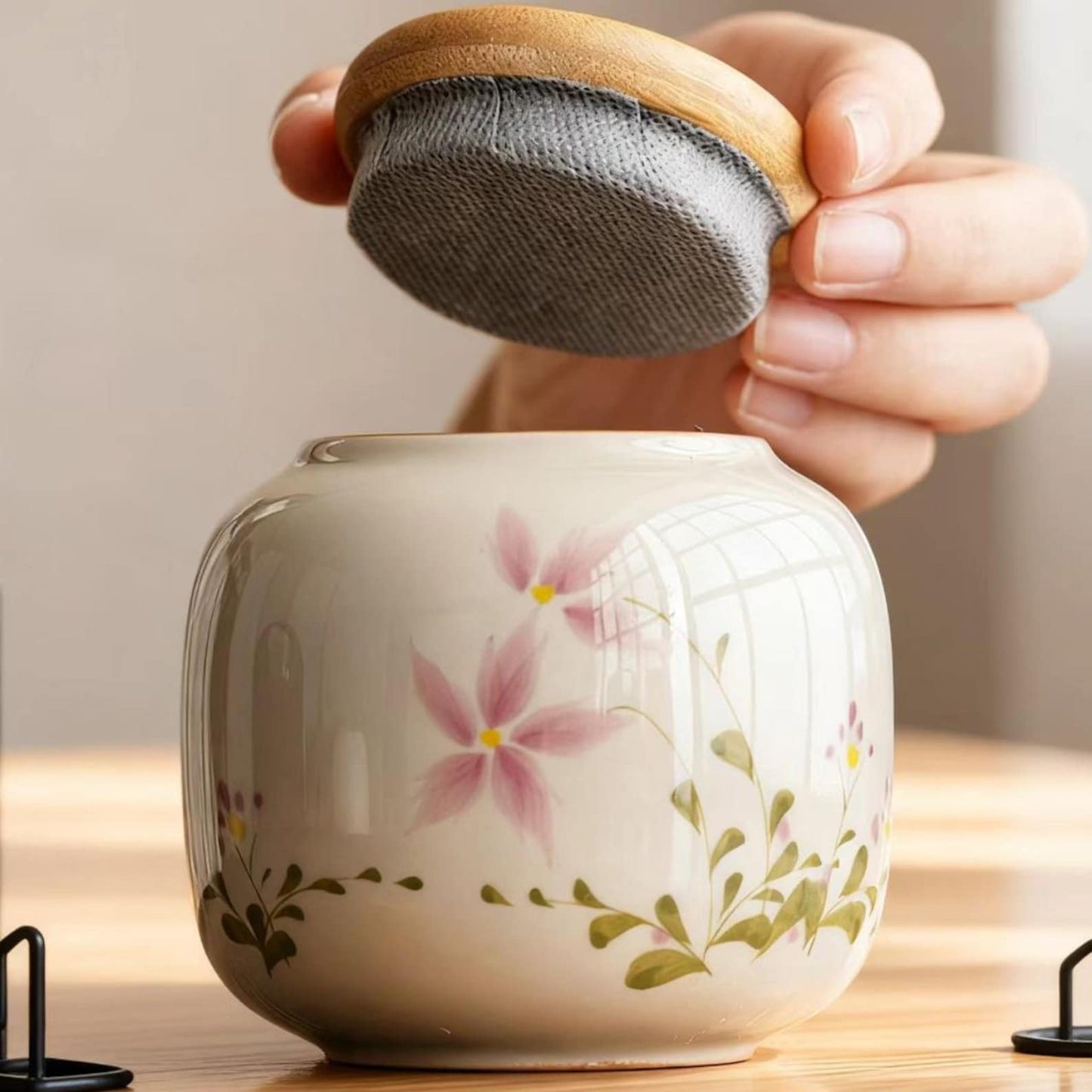 Ceramic Storage Jar – Pink Star Flower and Botanical Stem Design