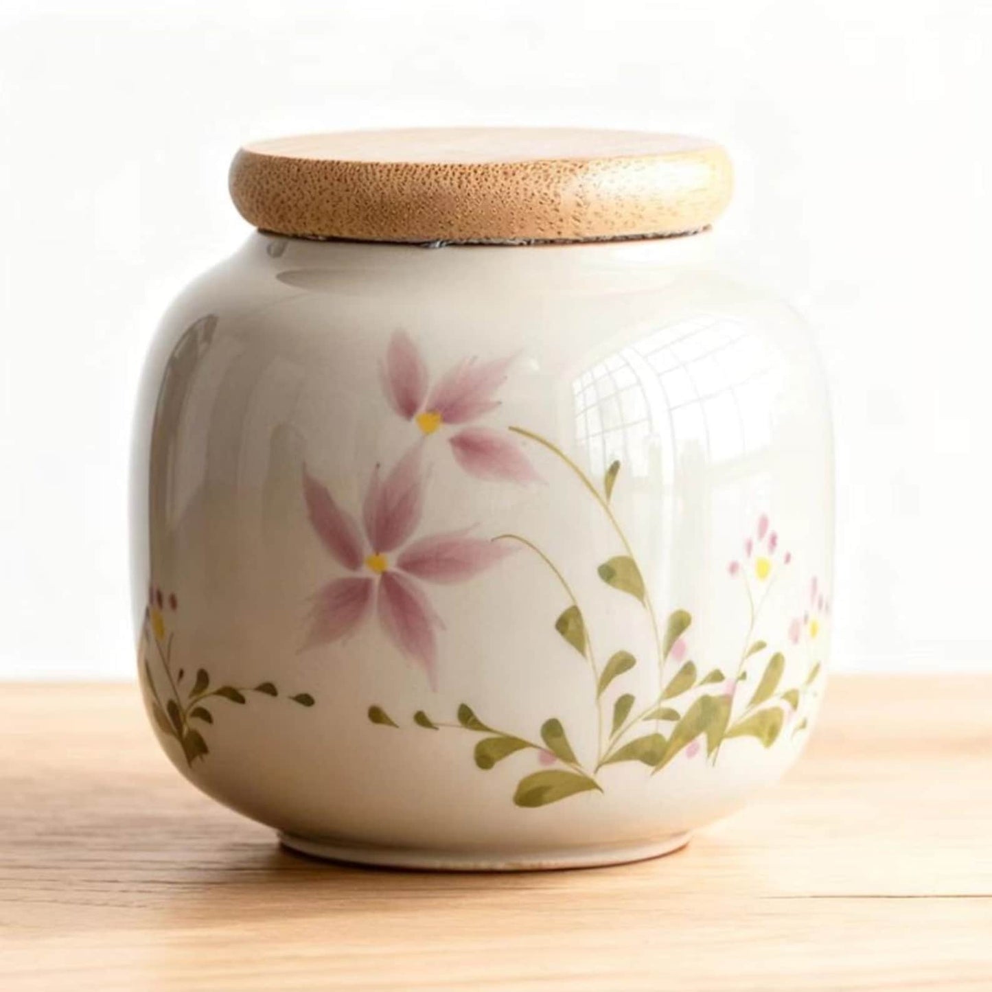 Ceramic Storage Jar – Pink Star Flower and Botanical Stem Design
