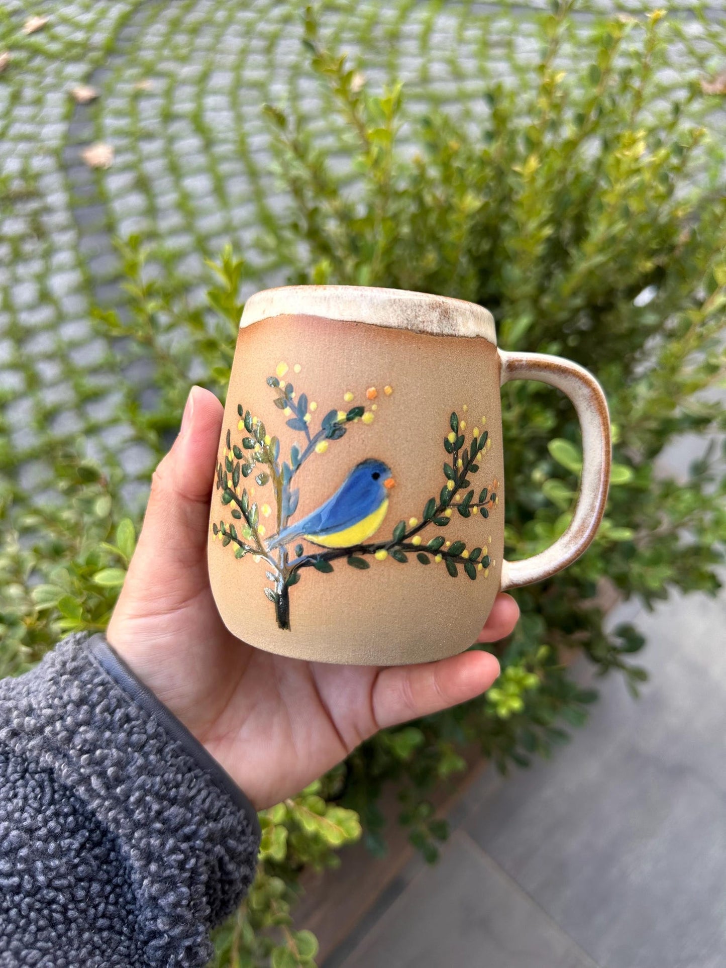 Stoneware Mug – Blue Bird on Botanical Branch