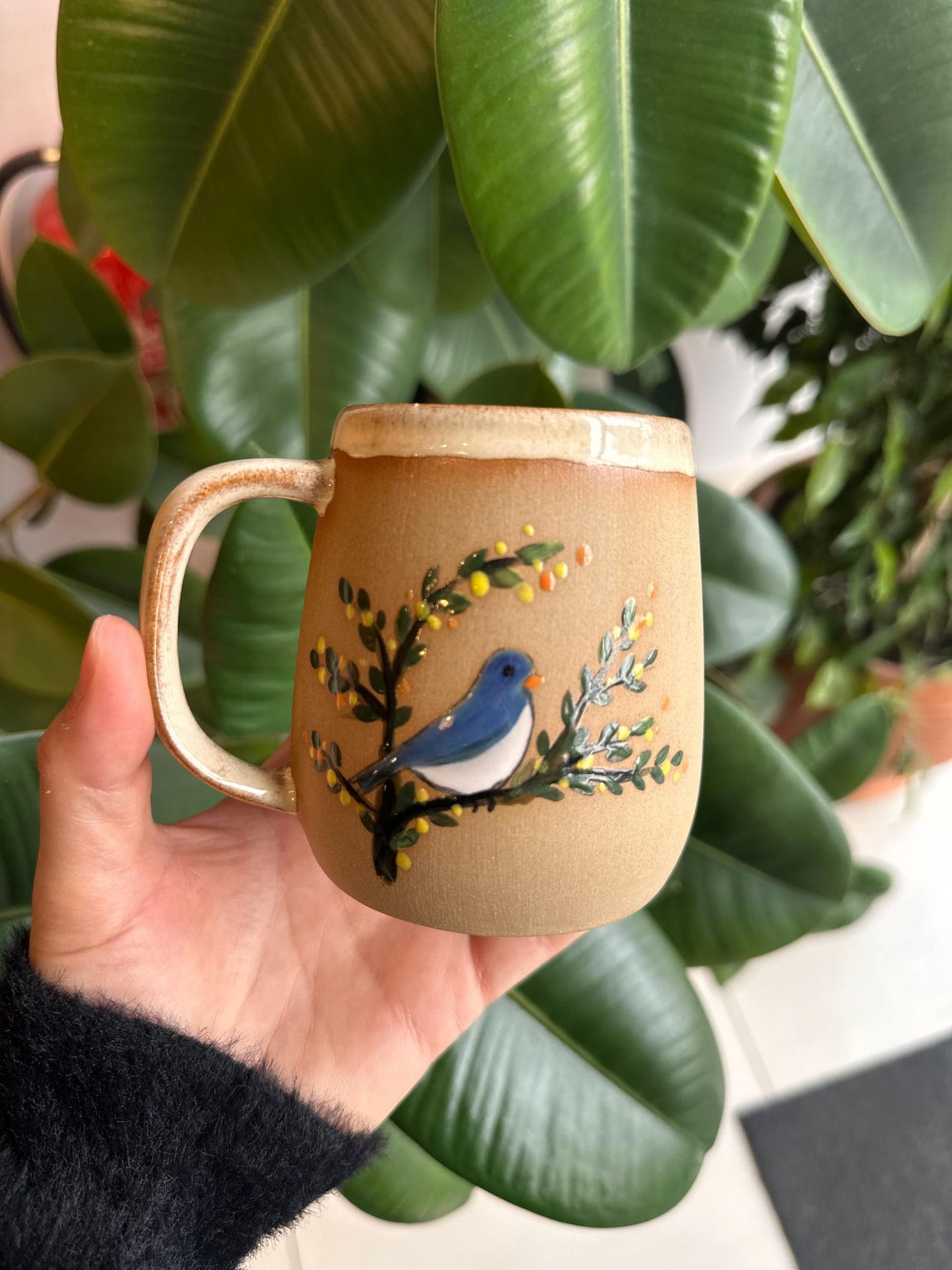 Stoneware Mug – Blue Bird on Botanical Branch
