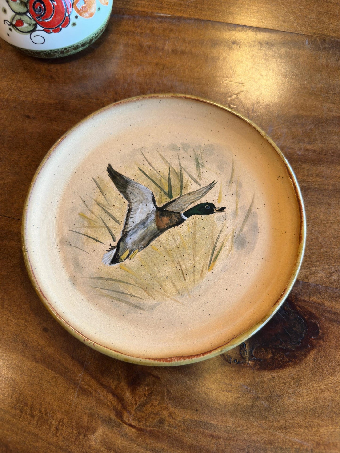 Stoneware Plate – Mallard Duck in Flight, Reed Grass