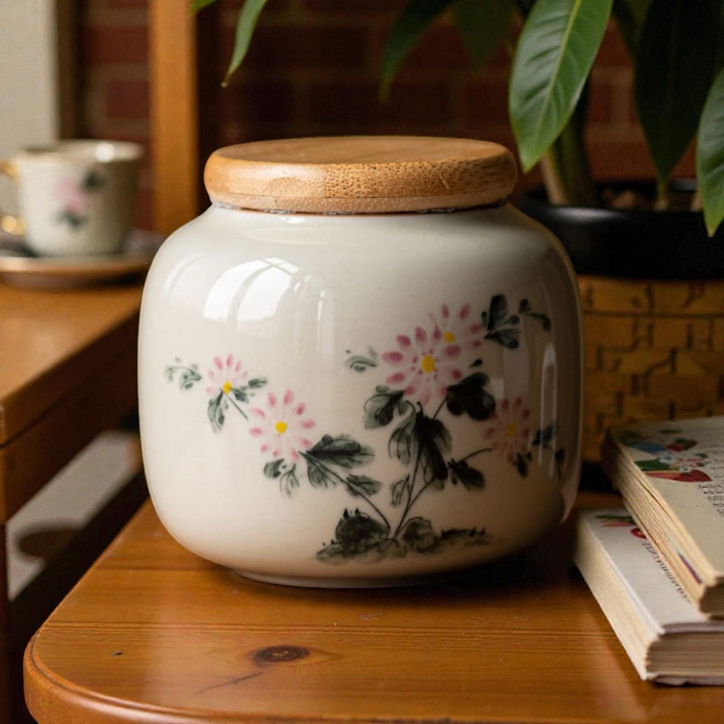Hand-Painted Ceramic Storage Jar  Orchid Design