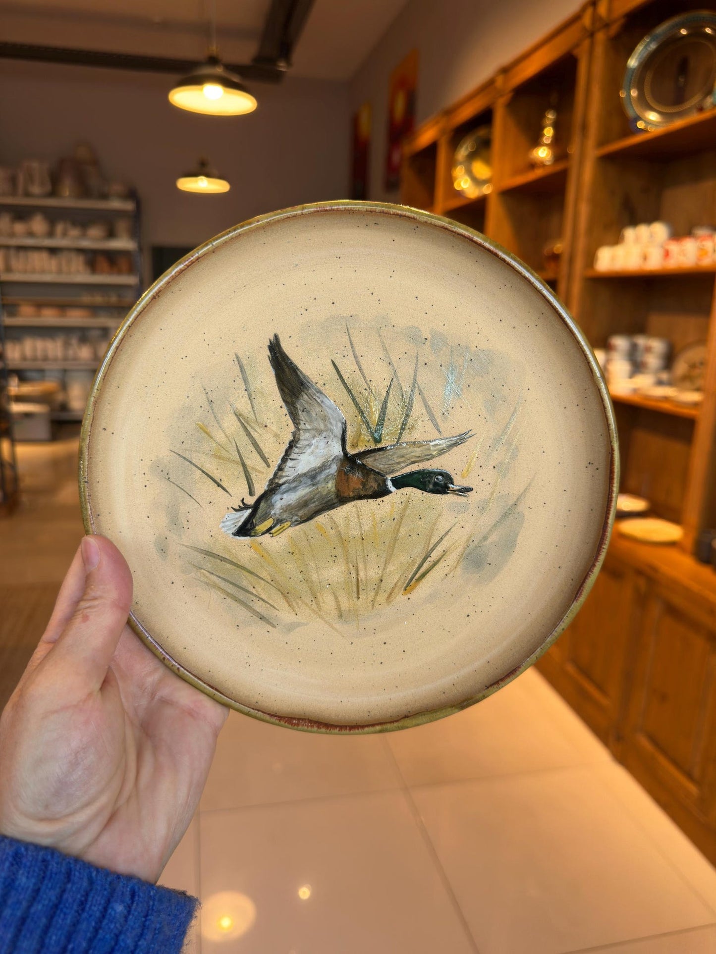 Stoneware Plate – Mallard Duck in Flight, Reed Grass
