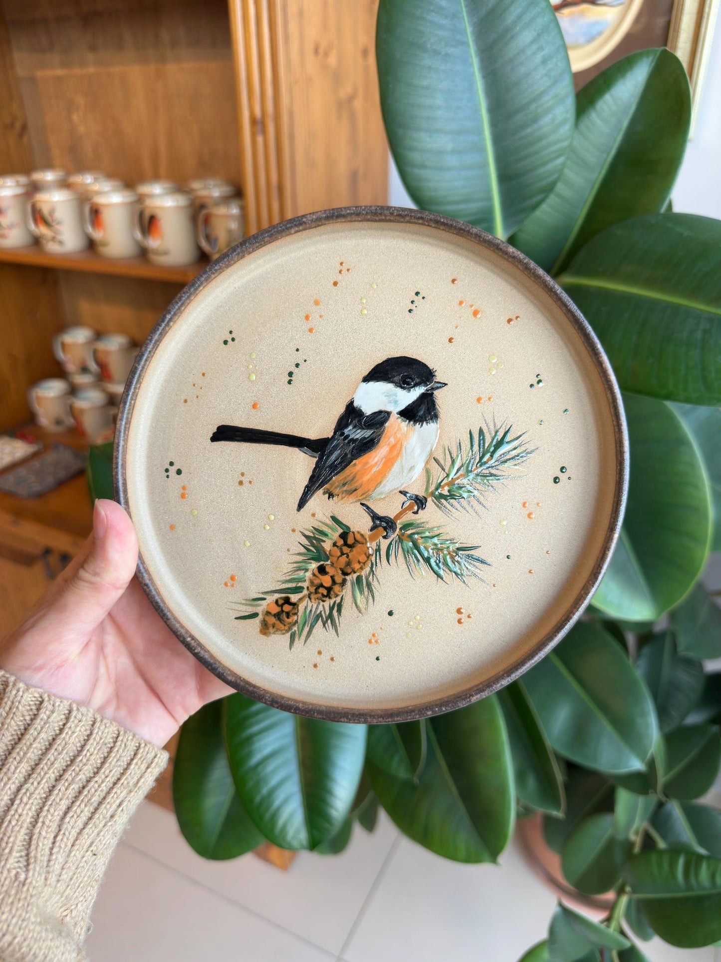 Stoneware Plate – Chickadee on Pine Branch