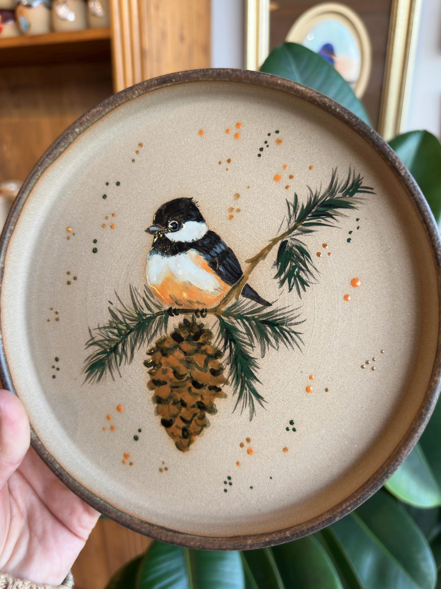 Stoneware Plate – Chickadee on Pine Branch