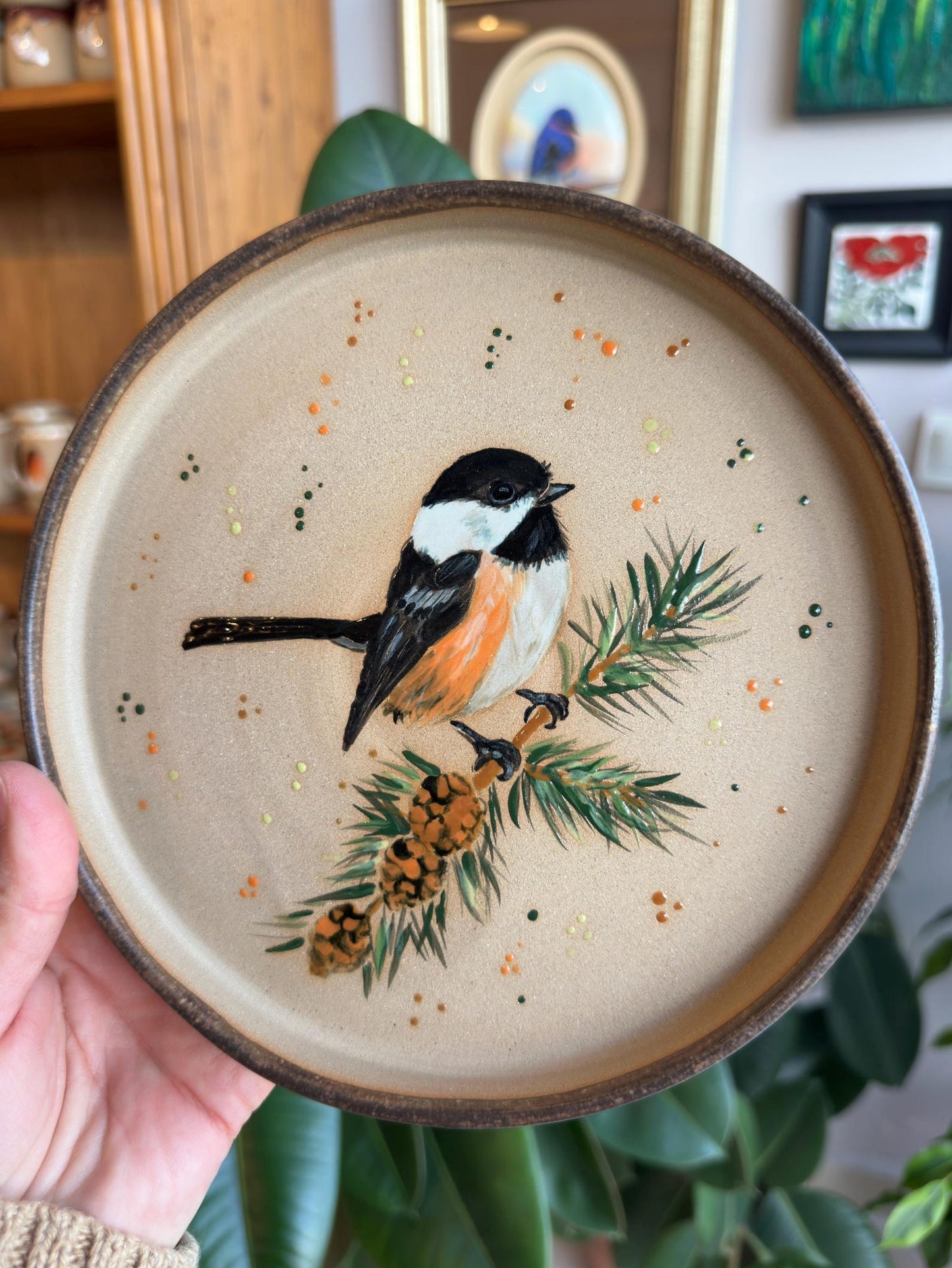 Stoneware Plate – Chickadee on Pine Branch