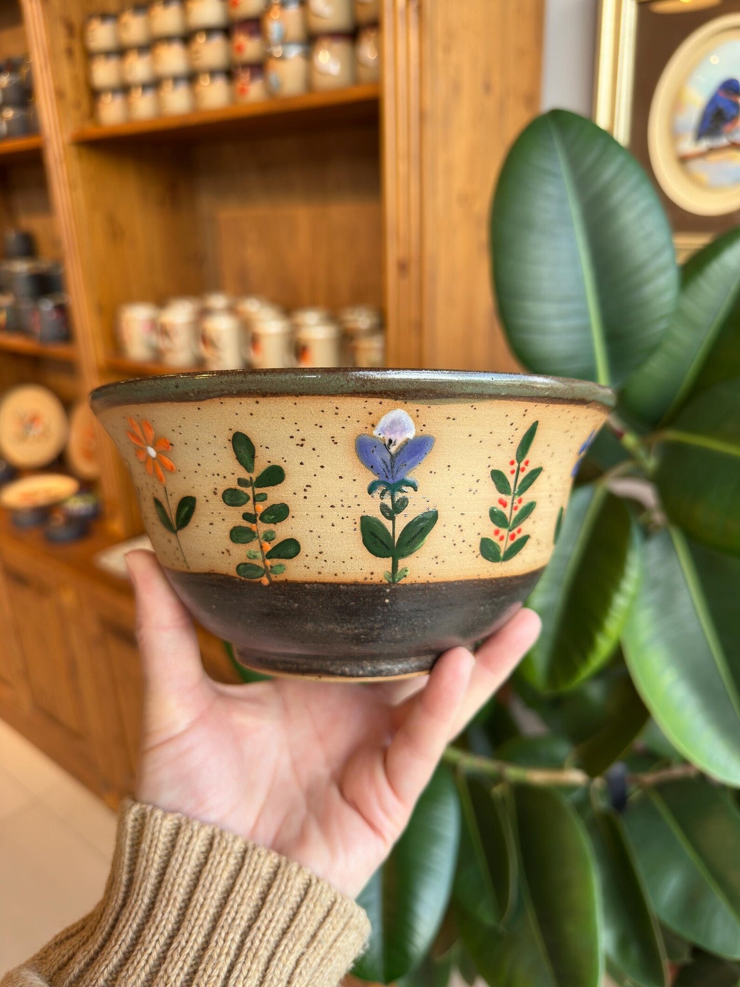 Stoneware Bowl – Blue Pansy and Berry Sprig