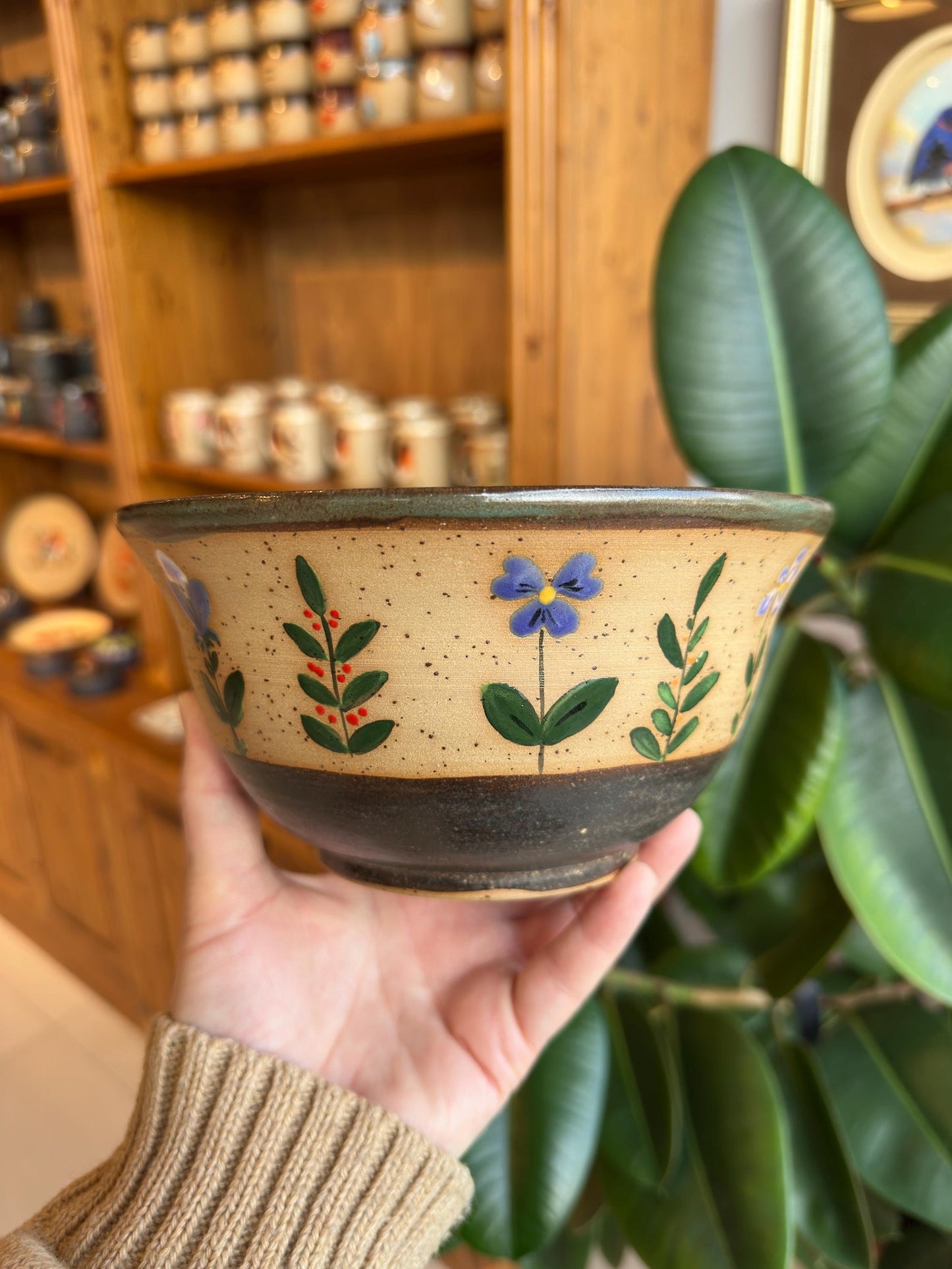 Stoneware Bowl – Blue Pansy and Berry Sprig