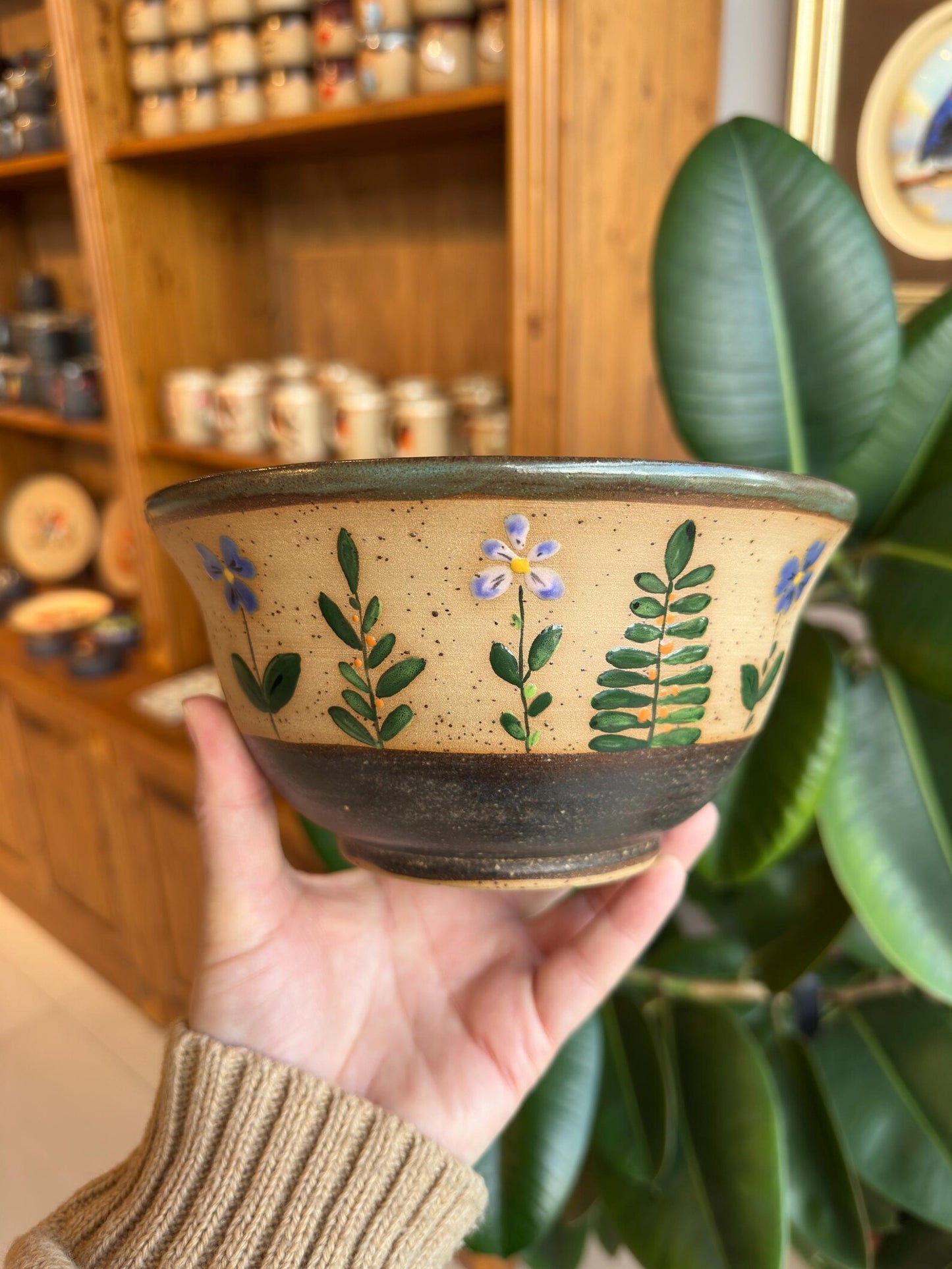 Stoneware Bowl – Blue Pansy and Berry Sprig