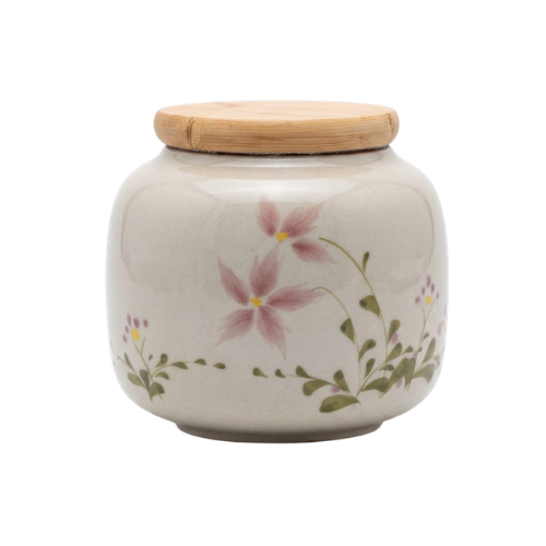 Ceramic Storage Jar – Pink Star Flower and Botanical Stem Design