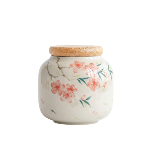 Hand-Painted Ceramic Storage Jar Cherry Blossom and Bamboo Design
